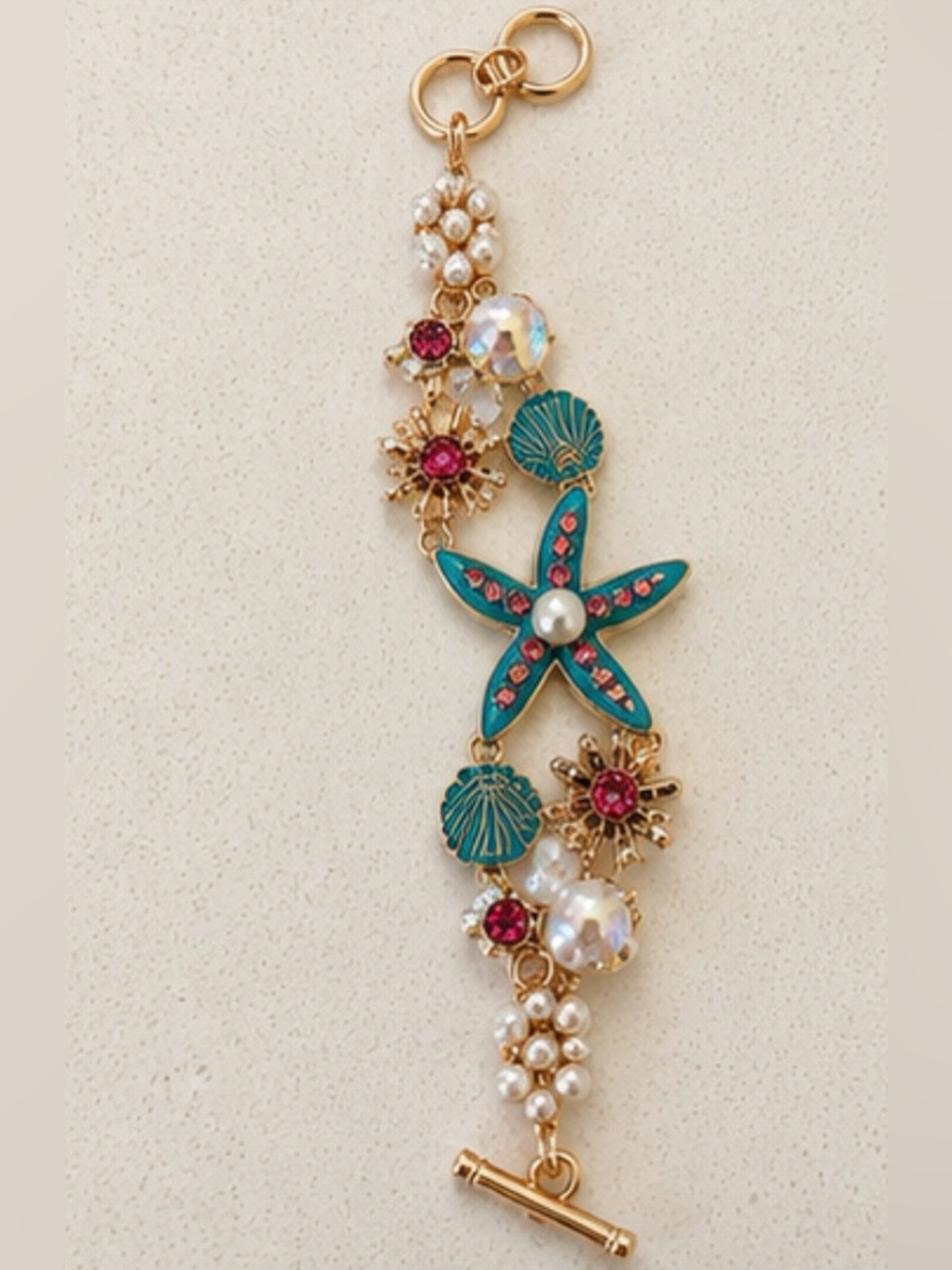NEW Gold-Tone Turquoise Starfish and Shell Charm Bracelet with Pink Accents